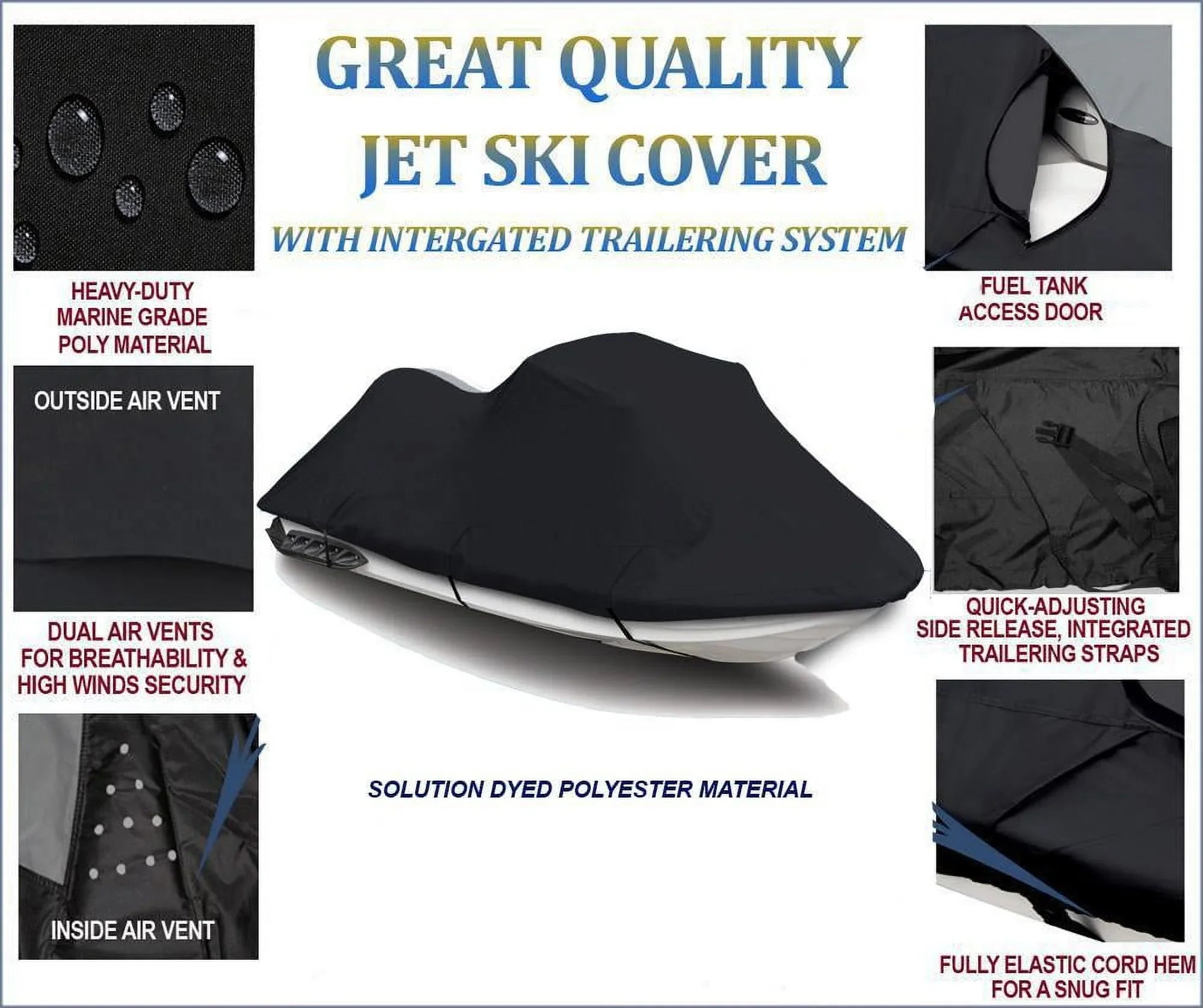 BLACK 600 DENIER JetSki Cover Compatible for Kawasaki 750 STX 1994 1995 1996 1997 1998 Jet Ski Watercraft Cover