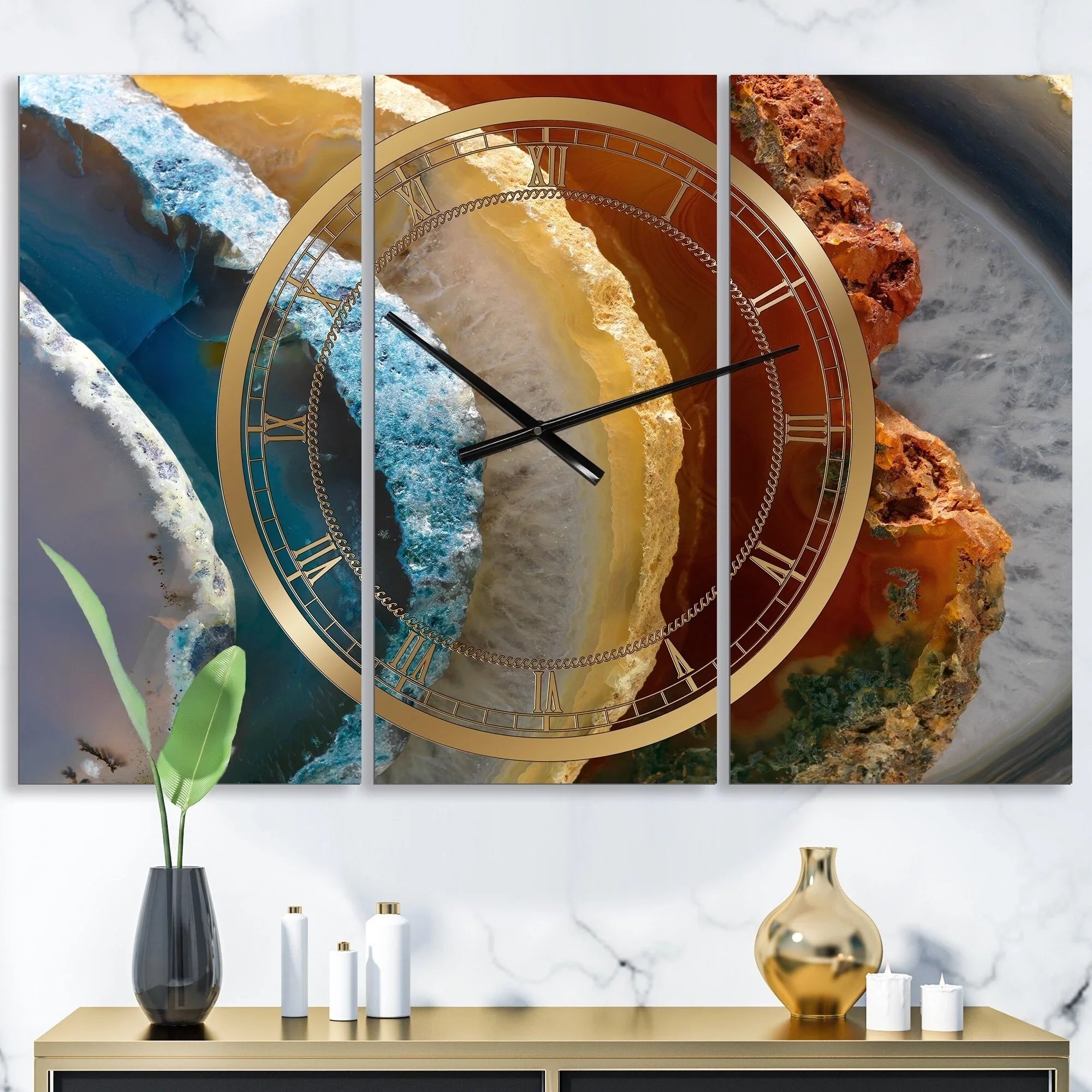 DESIGN ART Designart 'Mineral Slice XV' Large Fashion Wall Clock - 3 Panels - 36 in. wide x 28 in. premium - 3 Panels