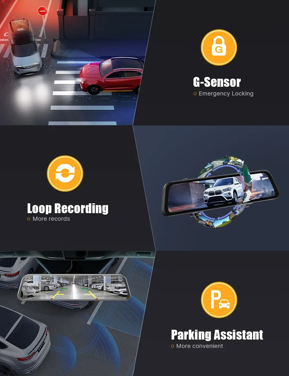 TOGUARD 2.5K Mirror Dash Cam with Voice Control GPS, 12" Wireless Rear View Mirror with Night Vision Waterproof Backup Camera, Front and Rear Dash Cam w/Anti-Glare, Touch Screen, Emergency Lock, Parki