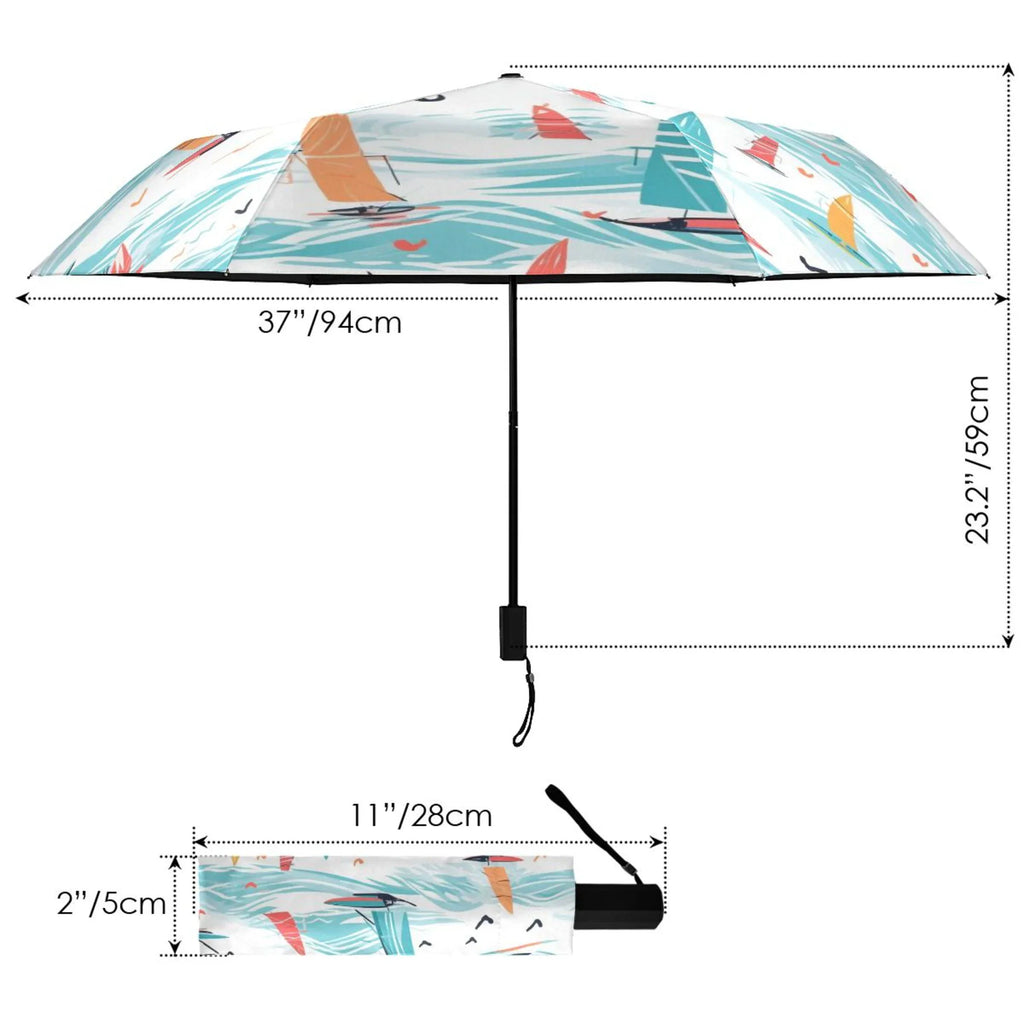 Sailboat on Sea Compact Folding Umbrella for Rain Windproof Travel Umbrella UPF 50+ Lightweight Packable Arc Size
