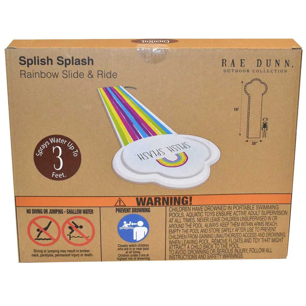 Rae Dunn: Splish Splash Rainbow Slide & Ride -16 Foot Water Slide Sprinkler, CocoNut Float, Durable Sliding Mat, Age 5+