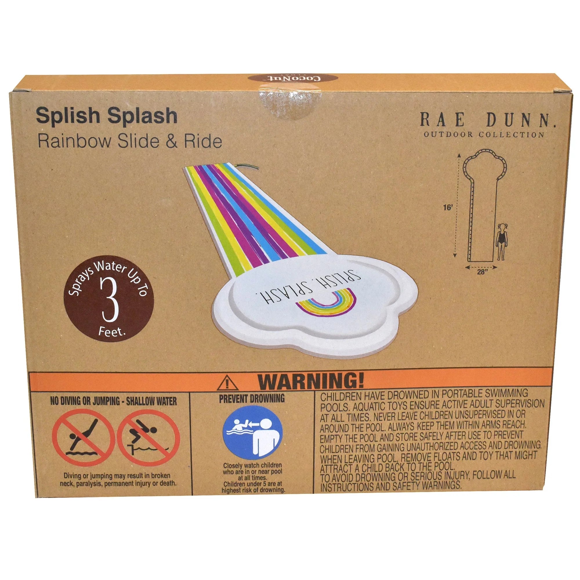 Rae Dunn: Splish Splash Rainbow Slide & Ride -16 Foot Water Slide Sprinkler, CocoNut Float, Durable Sliding Mat, Age 5+