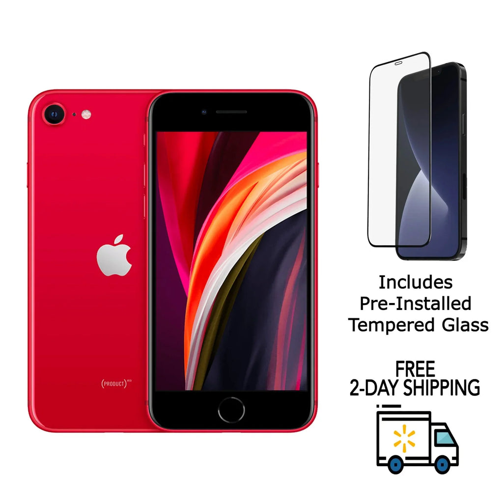Restored  iPhone SE (2nd Gen) A2275 (Fully Unlocked) 64GB Red w/ Pre-Installed Tempered Glass (Refurbished)