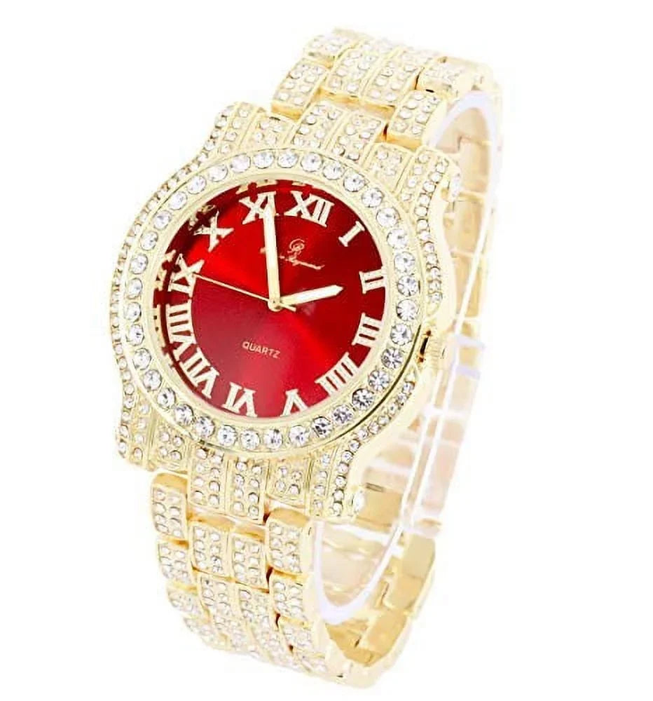 Bling-ed Out Gold Round Luxury Mens Watch w/Bling-ed Out ZZ Link Design Bracelet - L0504RNB ZZ Gold Blood Red