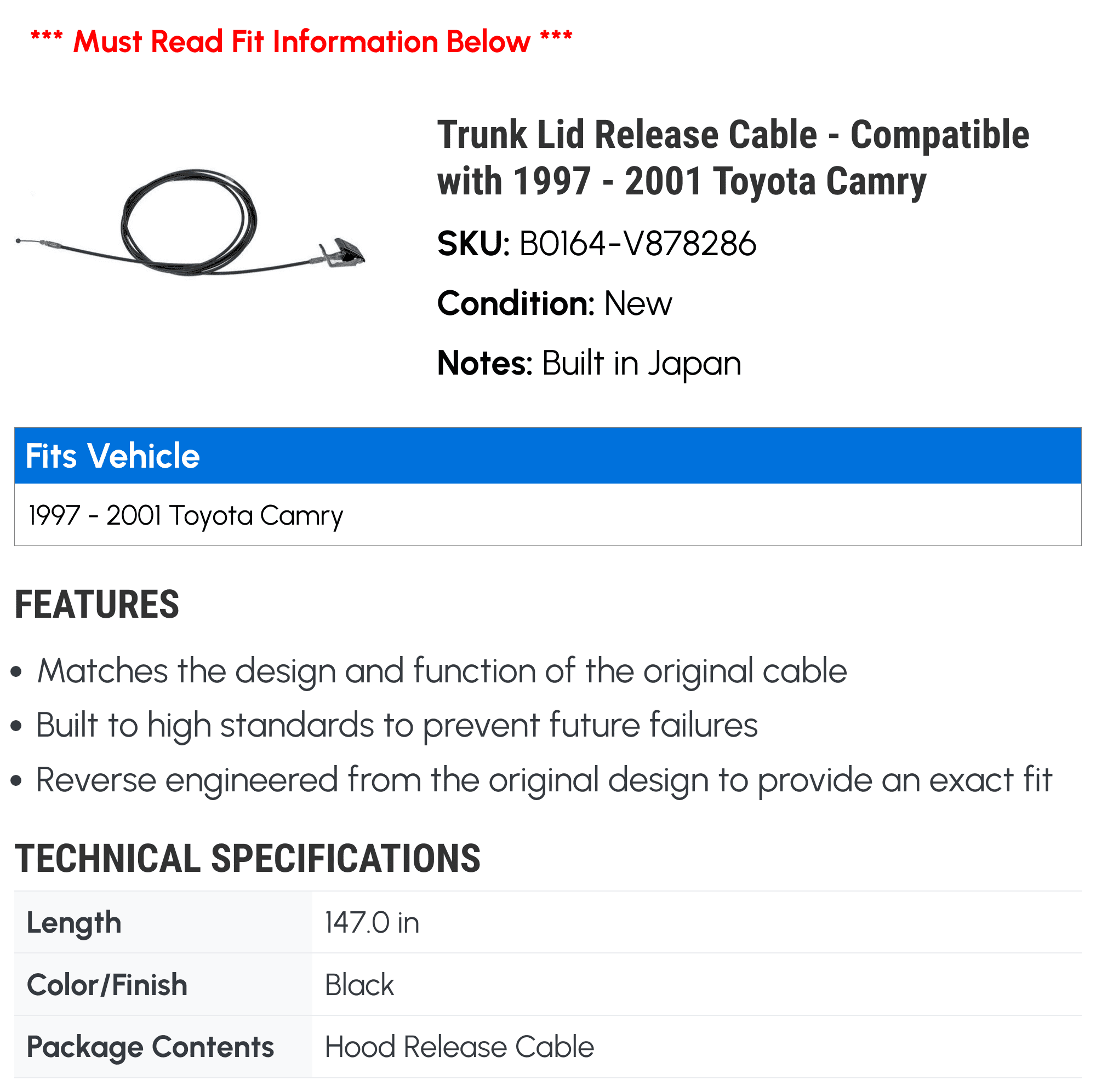 Trunk Lid Release Cable - Compatible with 1997 - 2001 Toyota Camry 1998 1999 2000