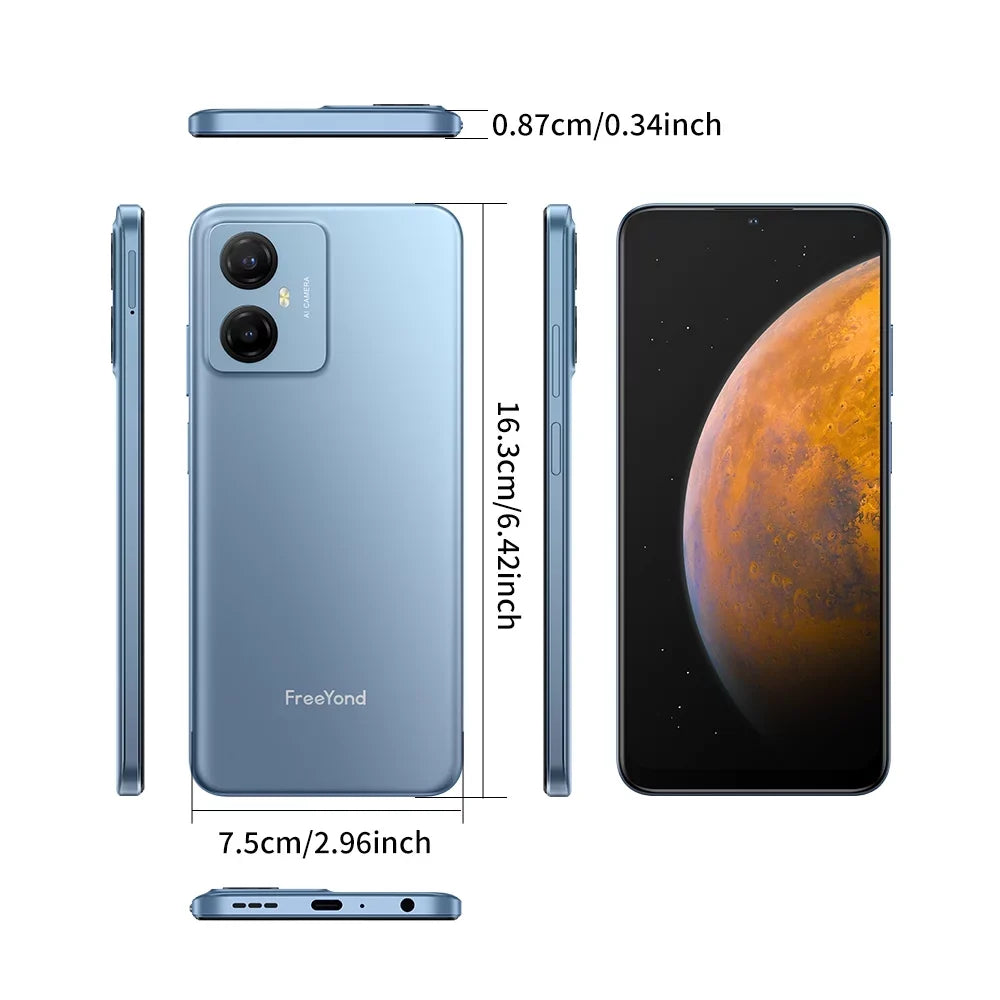 FreeYond F9 Smartphone, HD+6.52" Display Dual Sim, Battery 5000 MAh, 64GB/128GB Rom, Real Dual Camera 13+8MP With 2MP Macro(Blue)