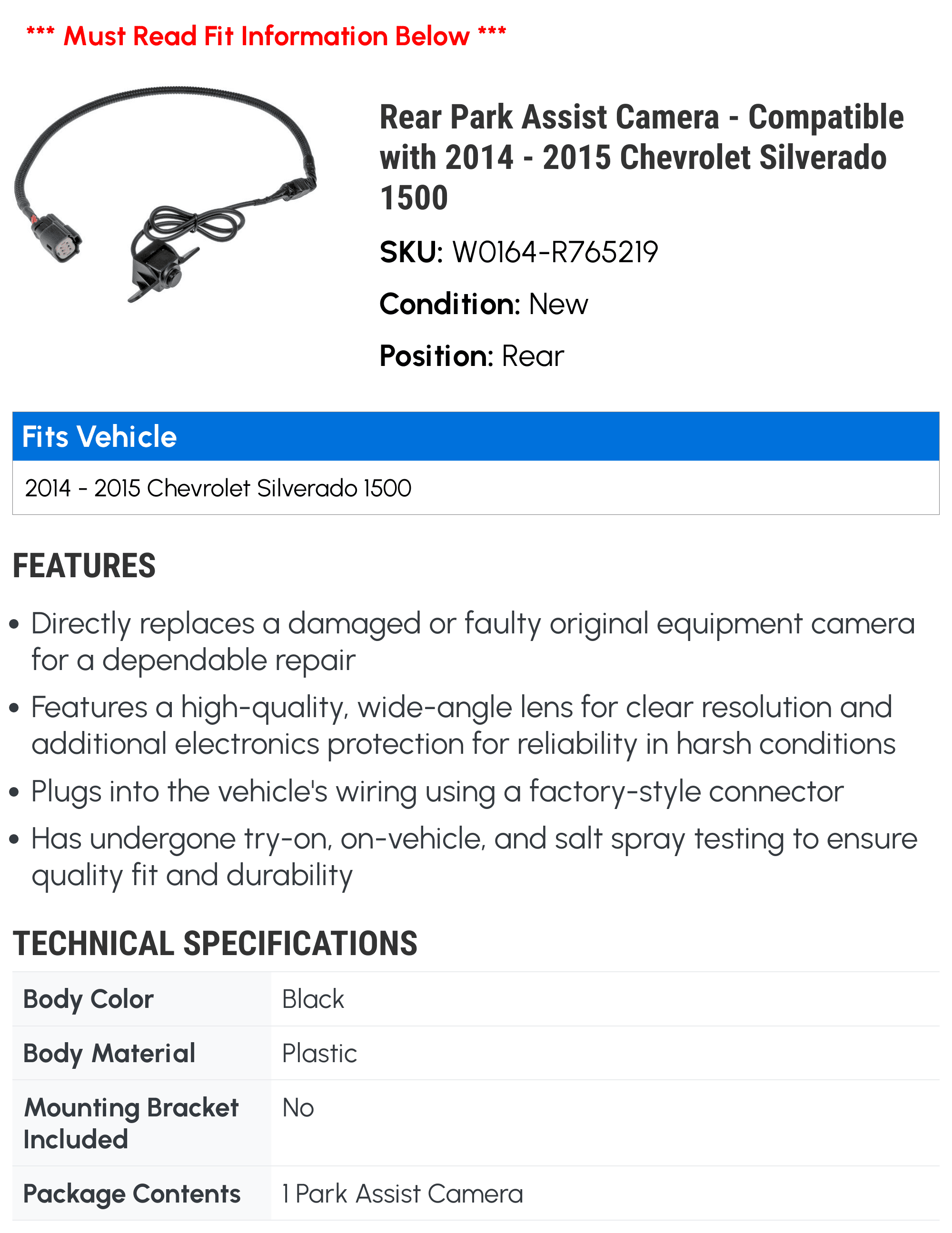 Rear Park Assist Camera - Compatible with 2014 - 2015 GMC Sierra 1500