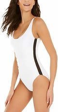 DKNY White Mesh Trim Ruched One Piece Swimsuit, White, Size 14