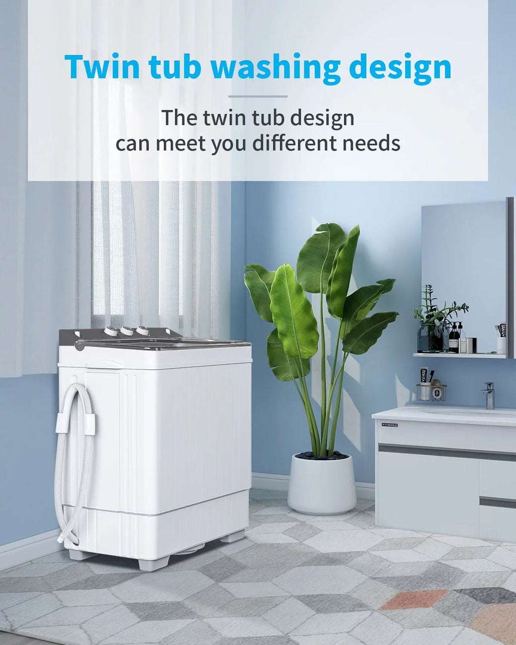 BMTBUY Twin Tub with Built-in Drain Pump XPB65-2288S 26Lbs Semi-automatic Twin Tube Washing Machine for Apartment, Dorms, RVs, Camping and More, White & Grey