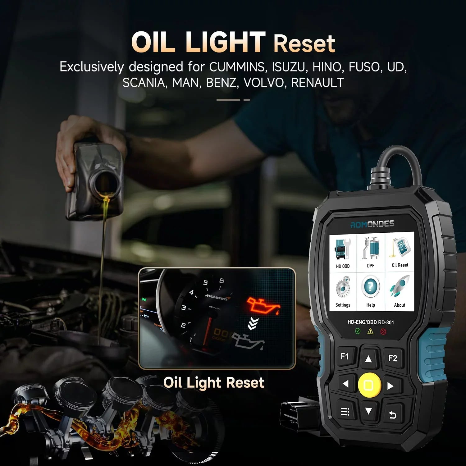 Romondes RD901 Heavy Duty Truck Scanner EOBD OBD2 Scan Tool HD OBD Diesel Scanner All System Diagnostic Tool with DPF Oil Light Reset HD Heavy Duty Truck OBD Car  2 in 1 Code Reader