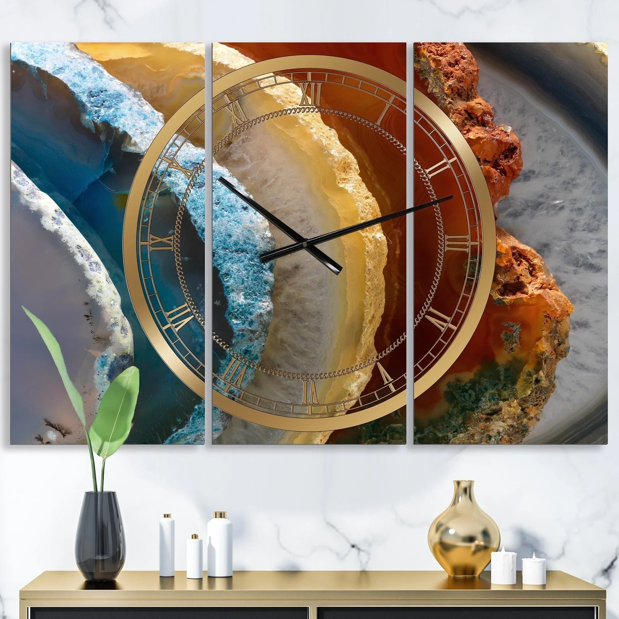 DESIGN ART Designart 'Mineral Slice XV' Large Fashion Wall Clock - 3 Panels - 36 in. wide x 28 in. premium - 3 Panels