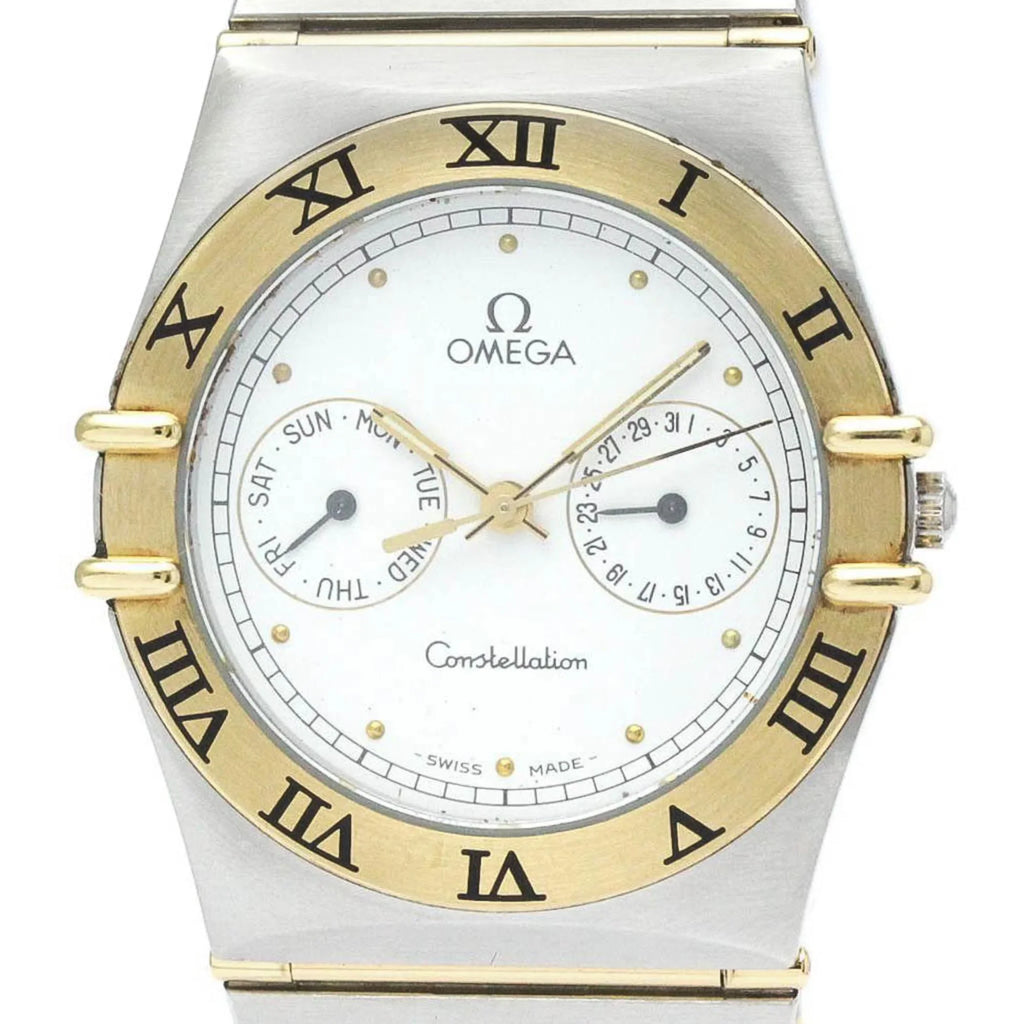 Pre-Owned Polished OMEGA ConstelLatitudeion Day Date 18K Gold Steel Watch 396.1070 BF566004 (Good)