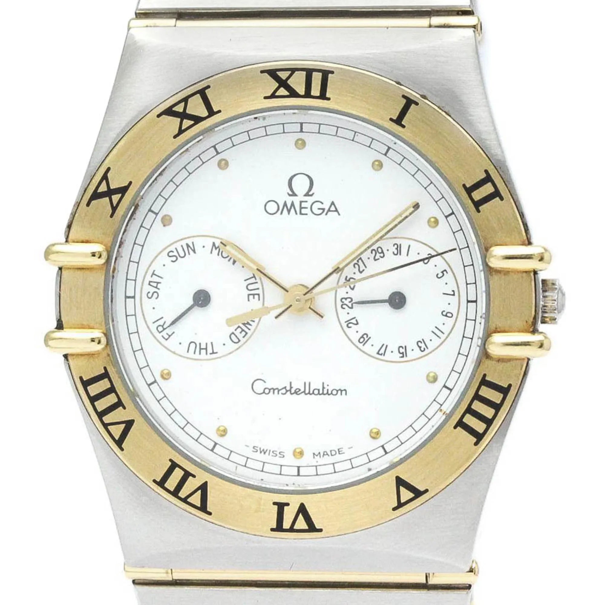 Pre-Owned Polished OMEGA ConstelLatitudeion Day Date 18K Gold Steel Watch 396.1070 BF566004 (Good)