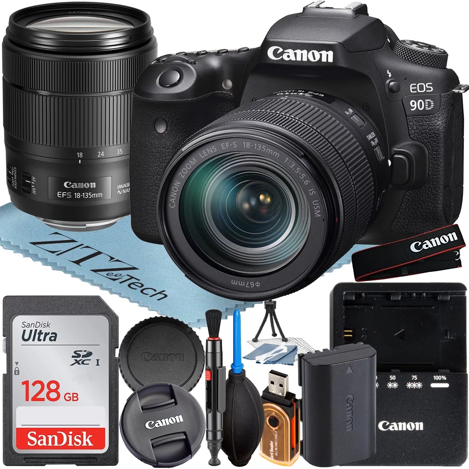EOS 90D DSLR Camera with 18-135mm IS USM Lens + SanDisk 128GB Memory Card + ZeeTech Accessory Bundle