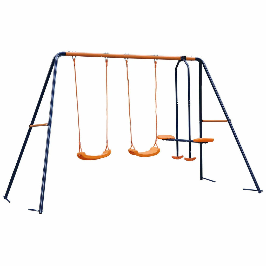 ZENSTYLE Double Metal Swing Set W/ 2 Saucer Swing Seats, 1 Seesaw for Outdoor, Backyard - Kids Toddler Toy, All Weather Resistant