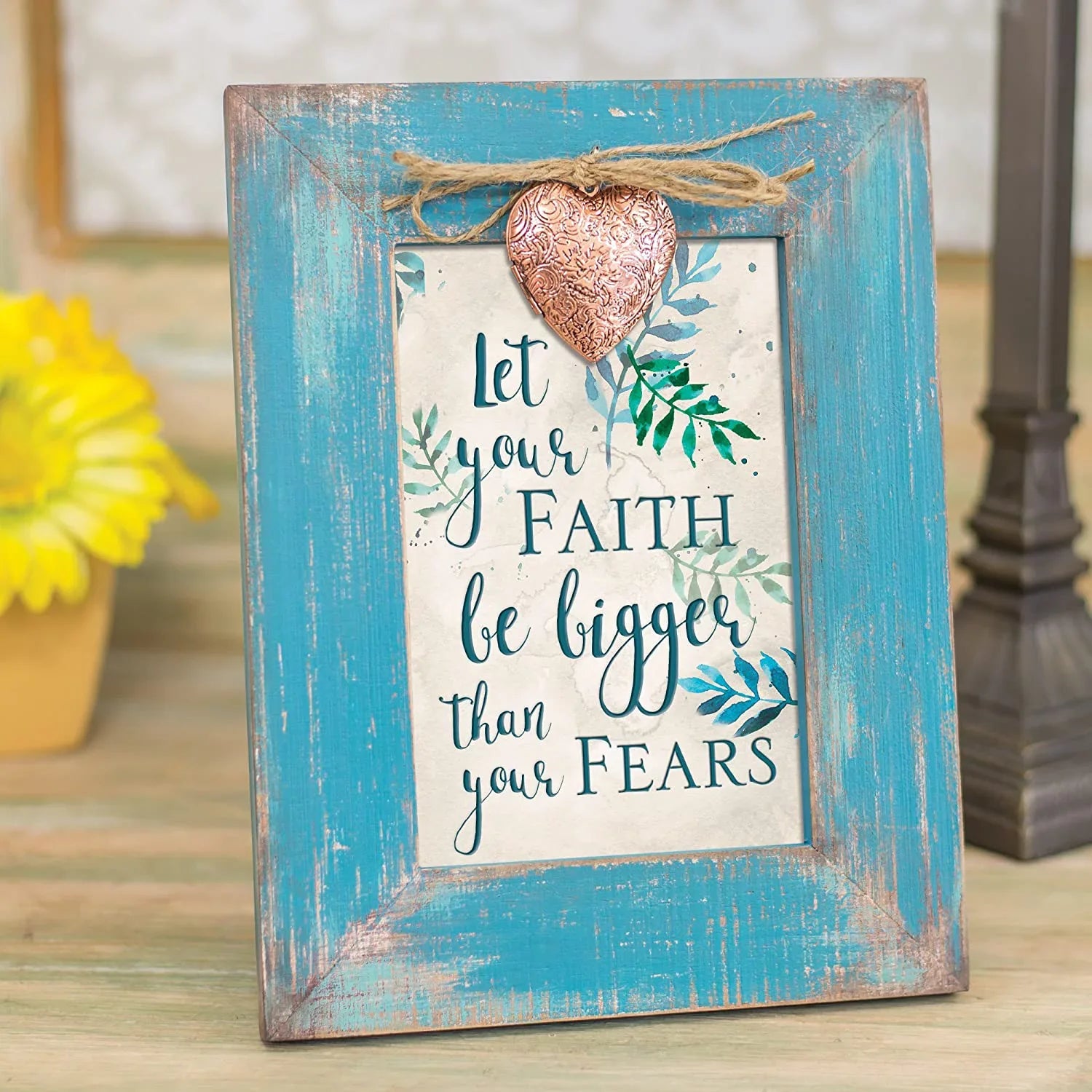 Let Your Faith Be Bigger Than Fears Teal Distressed Locket Easel Back Picture Frame