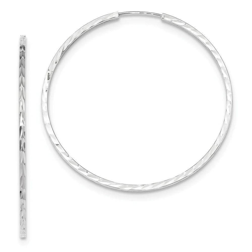 Real 14kt White Gold Diamond-cut Princess Square Tube Endless Hoop Earrings; for Adults and Teens; for Women and Men