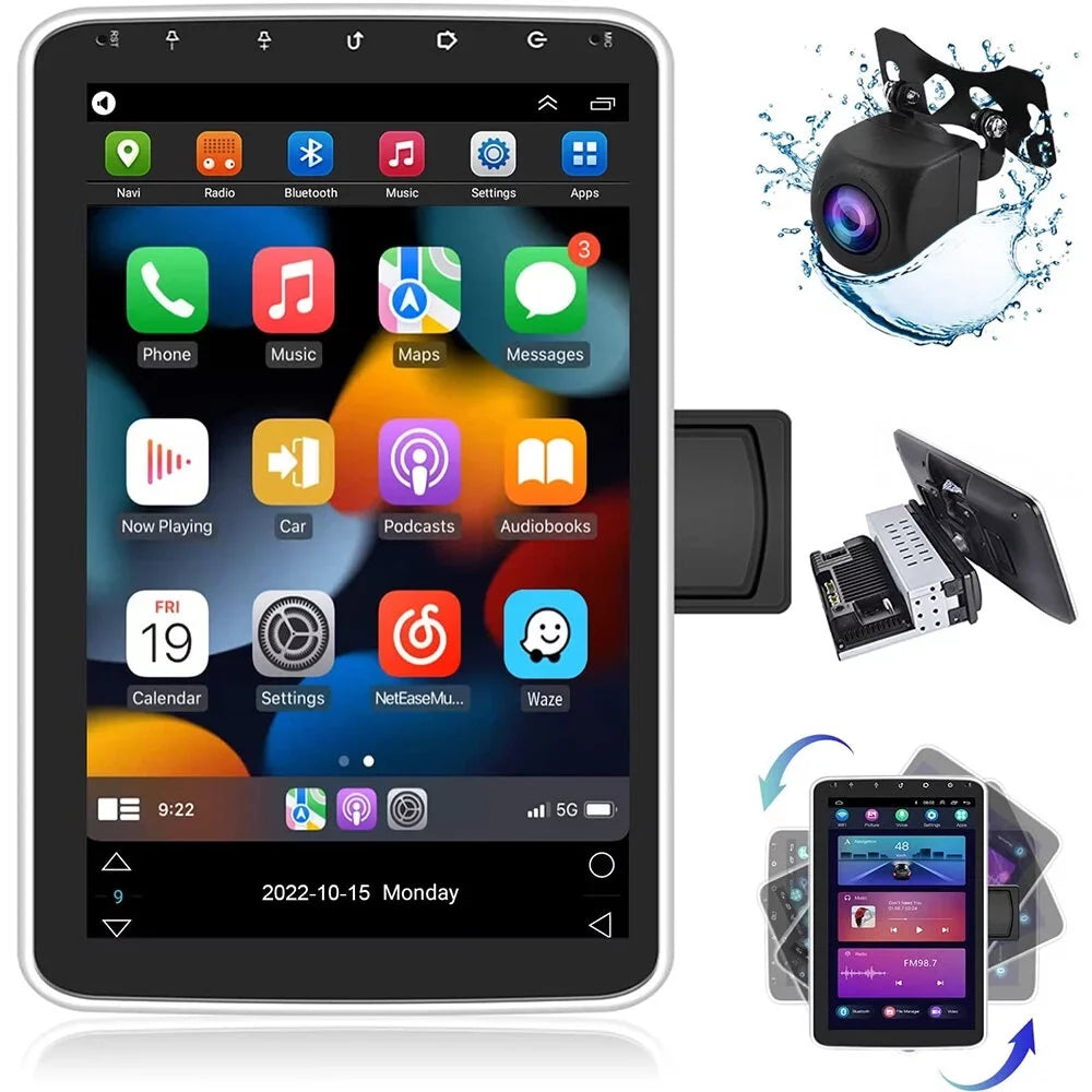 Podofo 1+16G Wireless Carplay Android Auto Single 1 Din 10.1'' Car Stereo Radio 180°Rotatable Vertical Screen Android 13 HD 1080P WIFI GPS FM Bluetooth, AHD Camera New