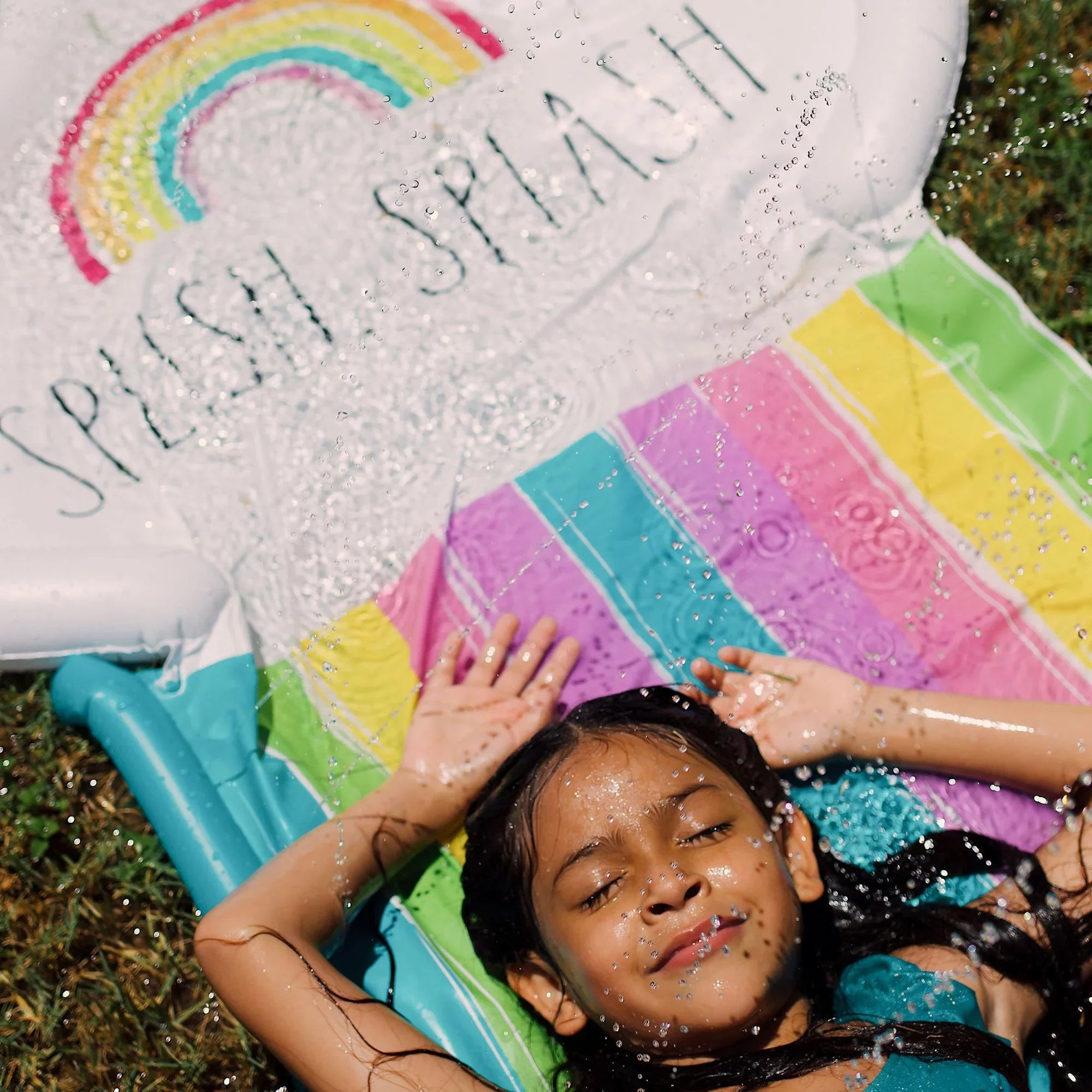 Rae Dunn: Splish Splash Rainbow Slide & Ride -16 Foot Water Slide Sprinkler, CocoNut Float, Durable Sliding Mat, Age 5+