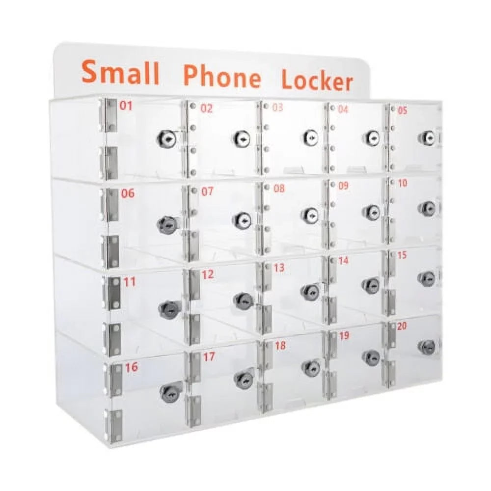 20 Slots Thickened Acrylic Cellphone Locker Clear Cell Phone Storage Box w/ Keys