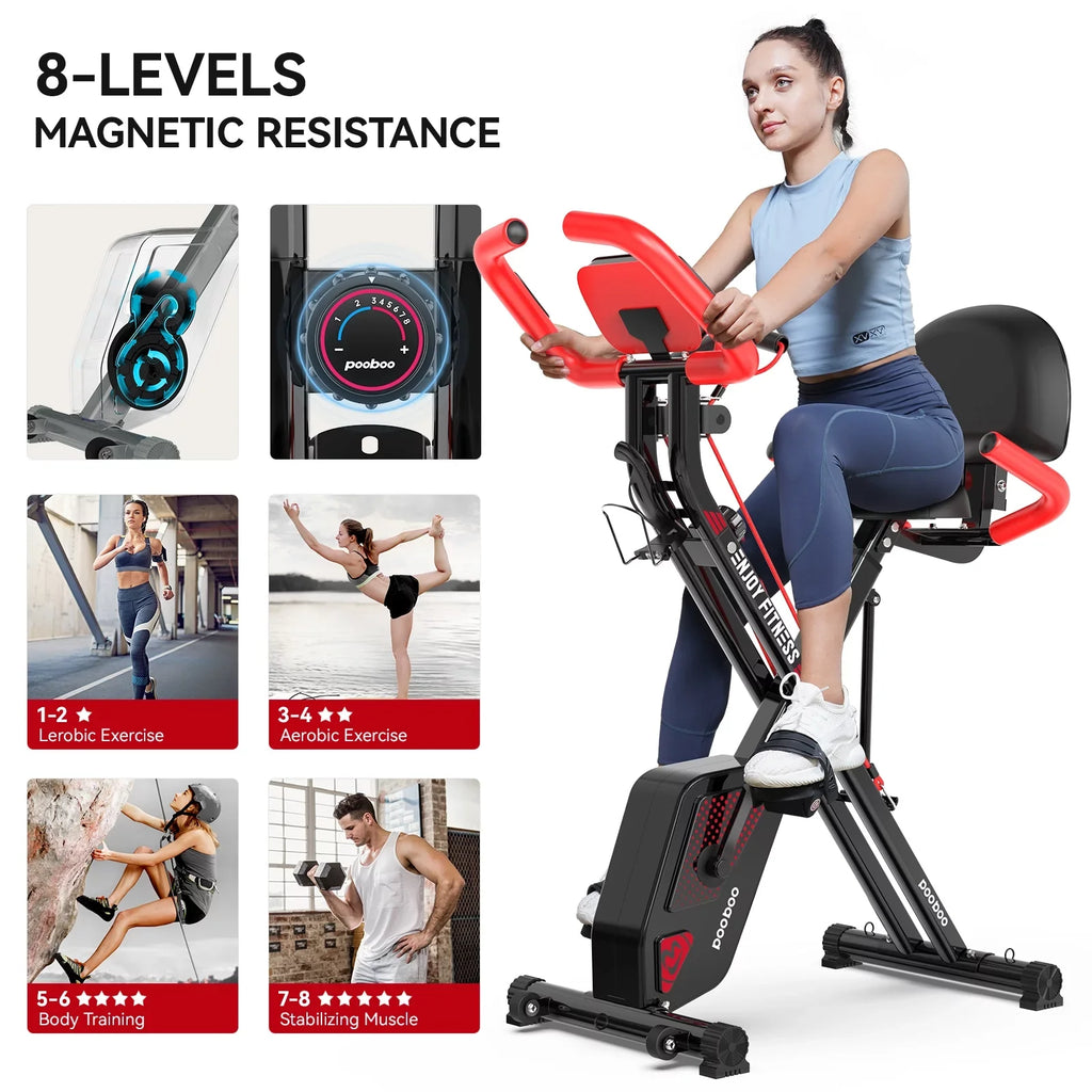 Pooboo 3-in-1 Exercise Bike Quiet Folding Magnetic Stationary Bike Exercise Bikes with Arm Resistance Bands Home Workout Bike 360 lbs