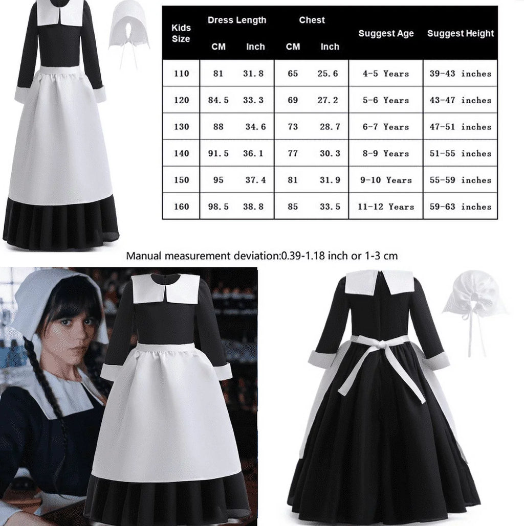 Hkiytime Dress 2022 TV Series Kids Girls Wednesday Addams Dress Long Sleeve Skirt Halloween Cosplay Outfit Clothes with Wig