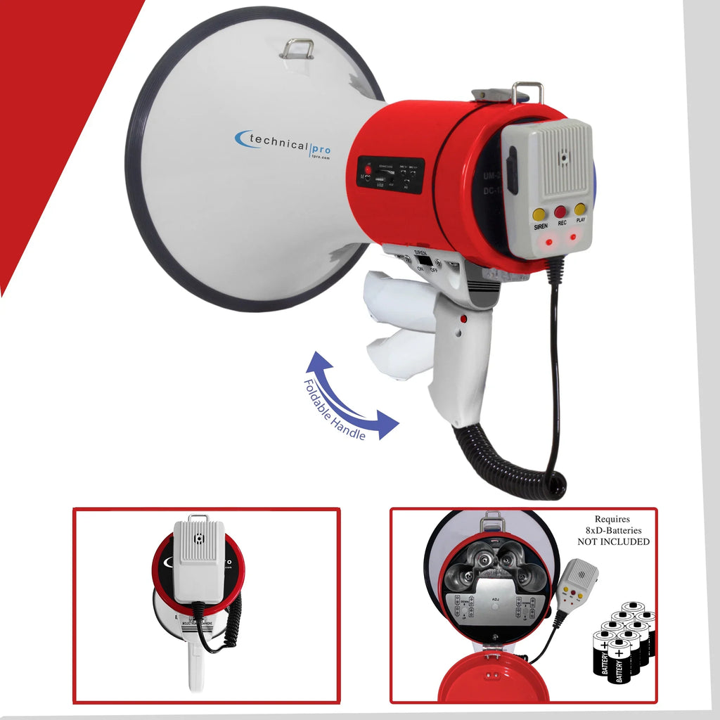 Technical Pro Red Megaphone 75-Watt Siren Bullhorn - Bullhorn Speaker w/Detachable Microphone, Portable Lightweight Strap Detachable PA - Professional Outdoor Voice for Police And Cheer leading