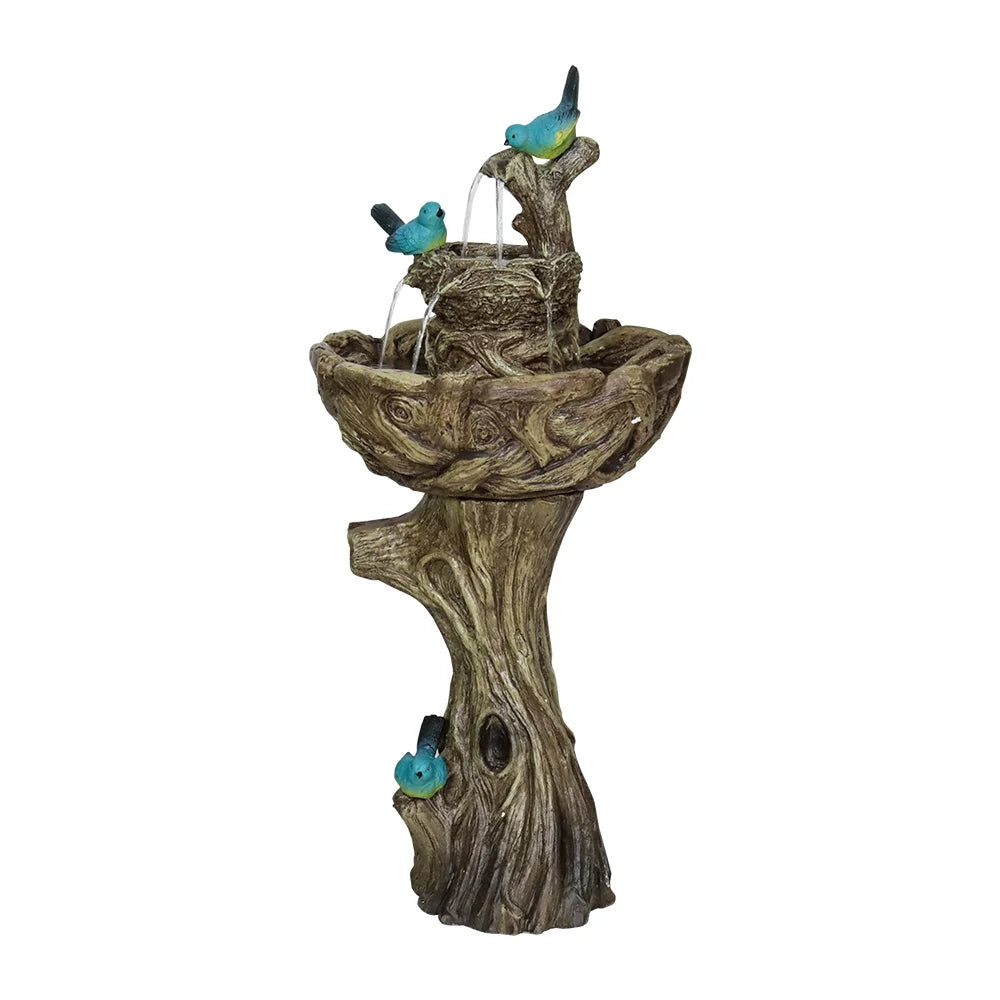 3-Tier Outdoor Water Fountain Bird Bath Patio Fountain Outdoor Stump Like Waterfall Fountain with Birds Decor Freestanding Patio Water Fountain Pump for Garden Yard Patio Porch