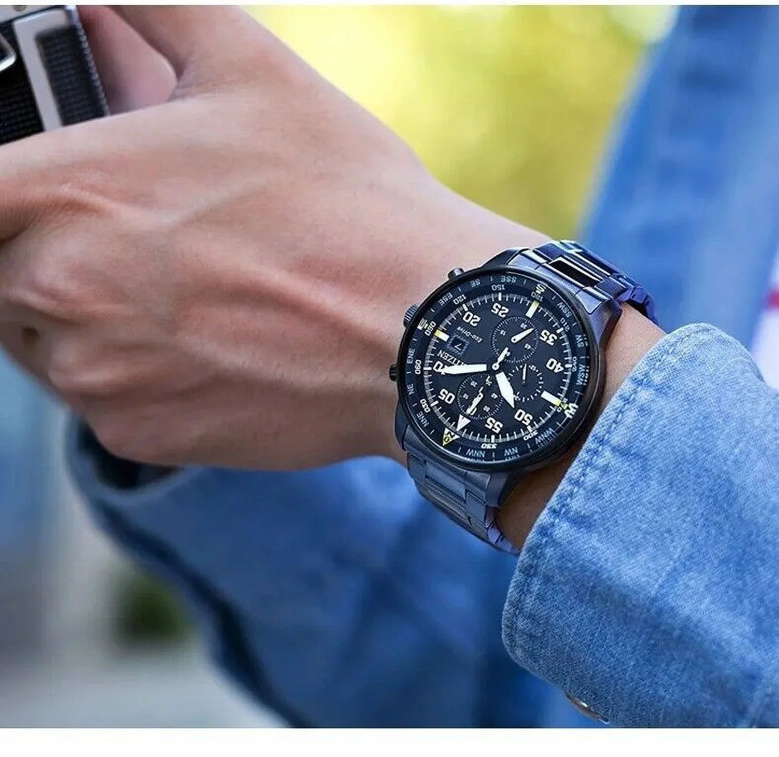 NEW Men's Classic Business Aviator Chronograph Black Dial Eco-Drive Watch