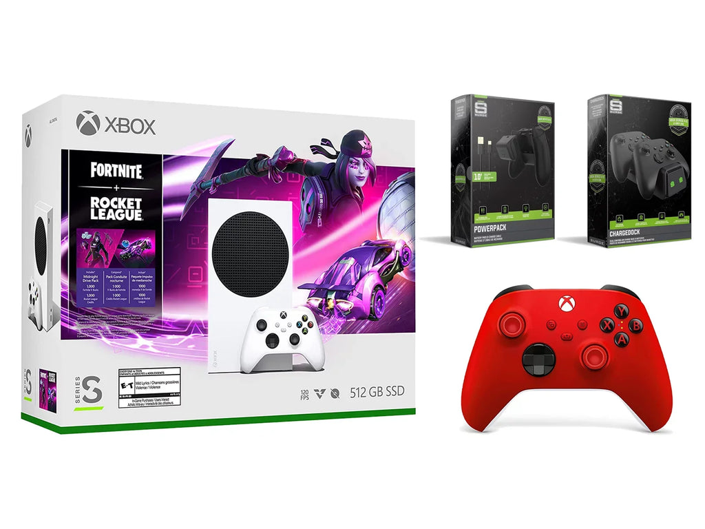 Xbox Series S Console Fortnite Rocket League with Extra Pulse Red Controller, Charge Cable/Battery and Dual Charge Dock