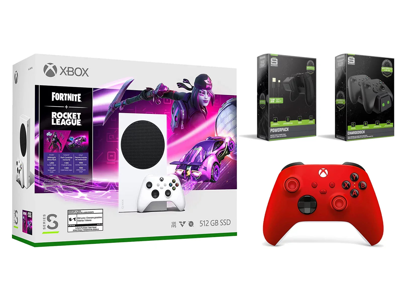 Xbox Series S Console Fortnite Rocket League with Extra Pulse Red Controller, Charge Cable/Battery and Dual Charge Dock