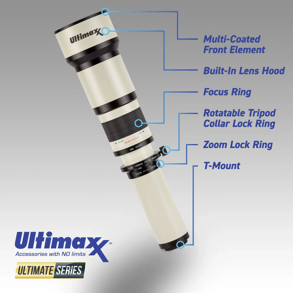 Ultimaxx 650 to 1300mm (with 2X- 1300-2600mm) f/8 Manual Telephoto Lens for  F-Mount Cameras & More