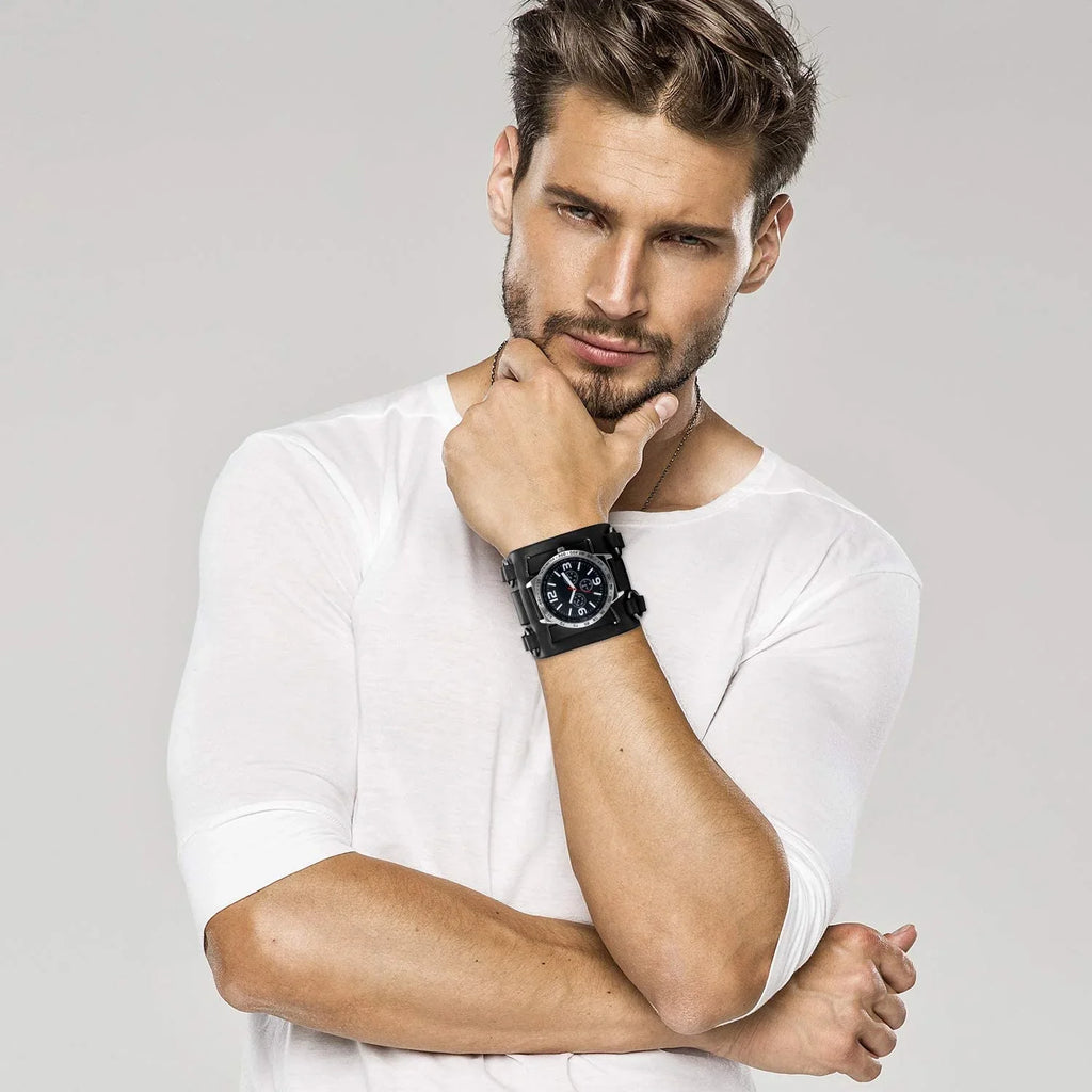 Mens Steampunk Retro Genuine Leather Replaceable Watch Military Japan Quartz Hip-hop Gothic Wide Bracelet Cuff Big Black Dial Sport Wrist Watches Costume Watch for Halloween
