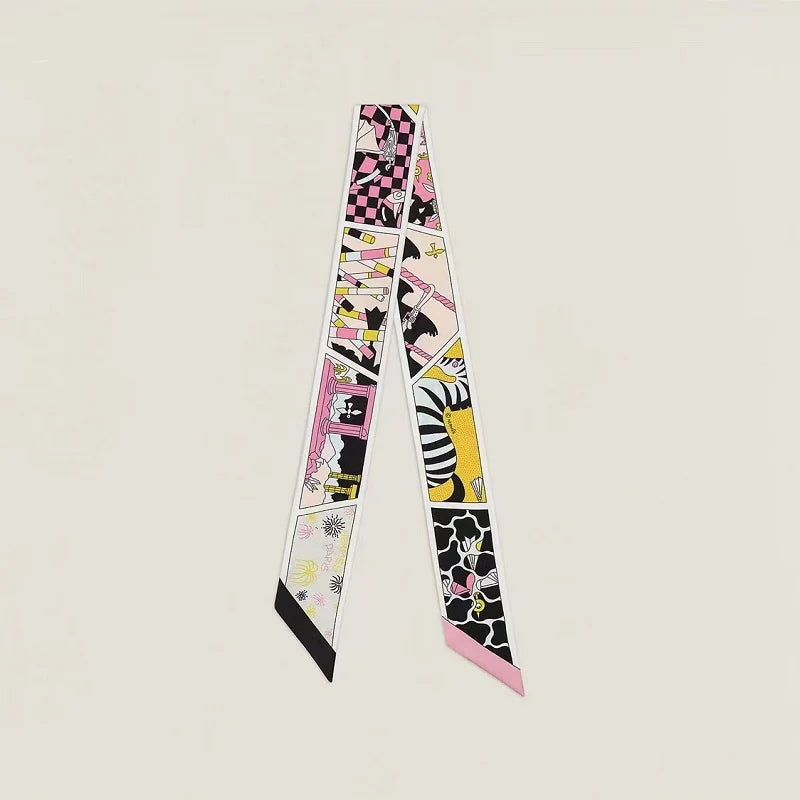 Hermmes Scarf Muffler Suite Twilly Silk Scarf Black/Rose/Yellow Ladies New