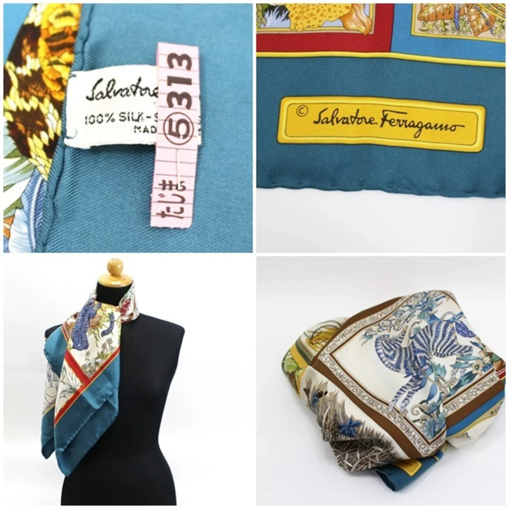 Pre-Owned Salvatore Ferragamo silk scarf muffler animal print green teal ladies (Good)