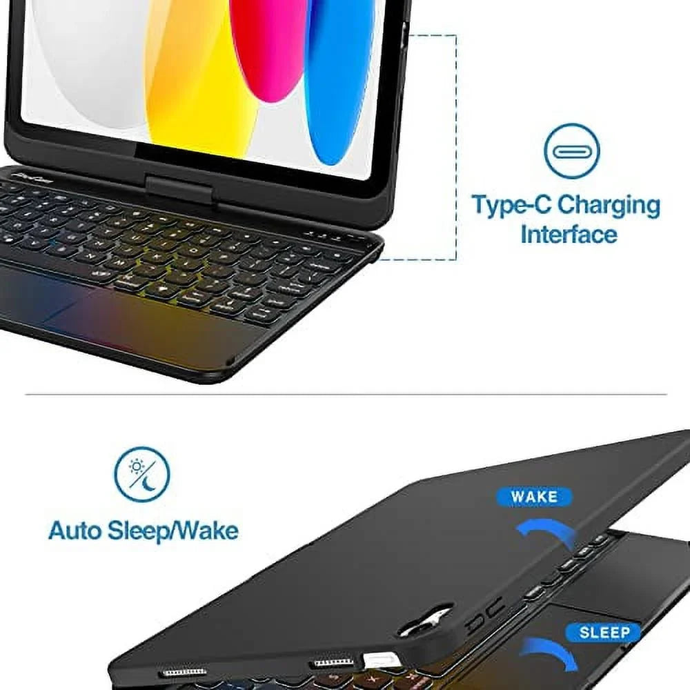 ProCase for iPad 10th Generation Keyboard Case with Multi-Touch Trackpad, 360 Degree Rotation 7 Color Backlit Touchpad Keyboard Case for 10th Gen 10.9 inch iPad 2022 –Black