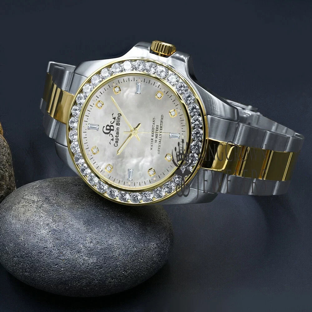 Mother Of Pearl Dial 2 Tone Solid Stainless Steel SimuLatitudeed Diamonds 18K Gold Finish Mens Watch
