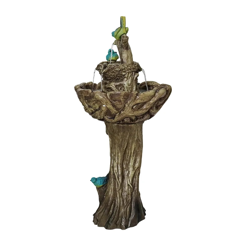 3-Tier Outdoor Water Fountain Bird Bath Patio Fountain Outdoor Stump Like Waterfall Fountain with Birds Decor Freestanding Patio Water Fountain Pump for Garden Yard Patio Porch