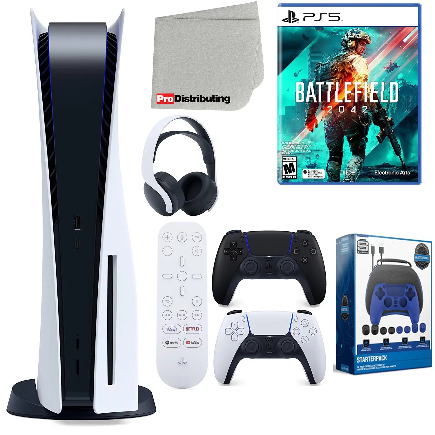 Playstation 5 Disc Version ( PS5 Disc) with Midnight Black Extra Controller, Headset, Media Remote, Battlefield 2042, Accessory Starter Kit and Microfiber Cleaning Cloth Bundle