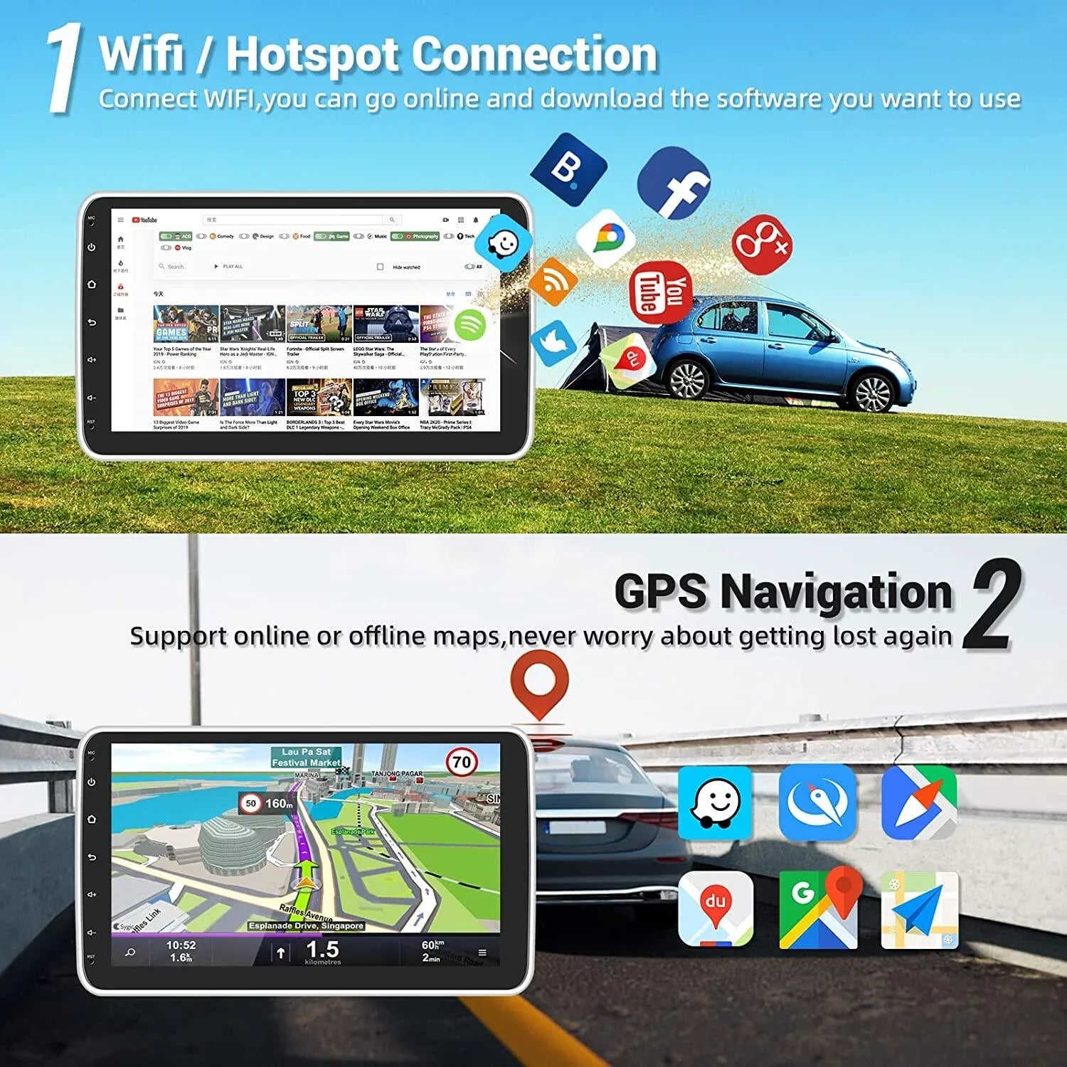 Podofo 1+16G Wireless Carplay Android Auto Single 1 Din 10.1'' Car Stereo Radio 180°Rotatable Vertical Screen Android 13 HD 1080P WIFI GPS FM Bluetooth, AHD Camera New