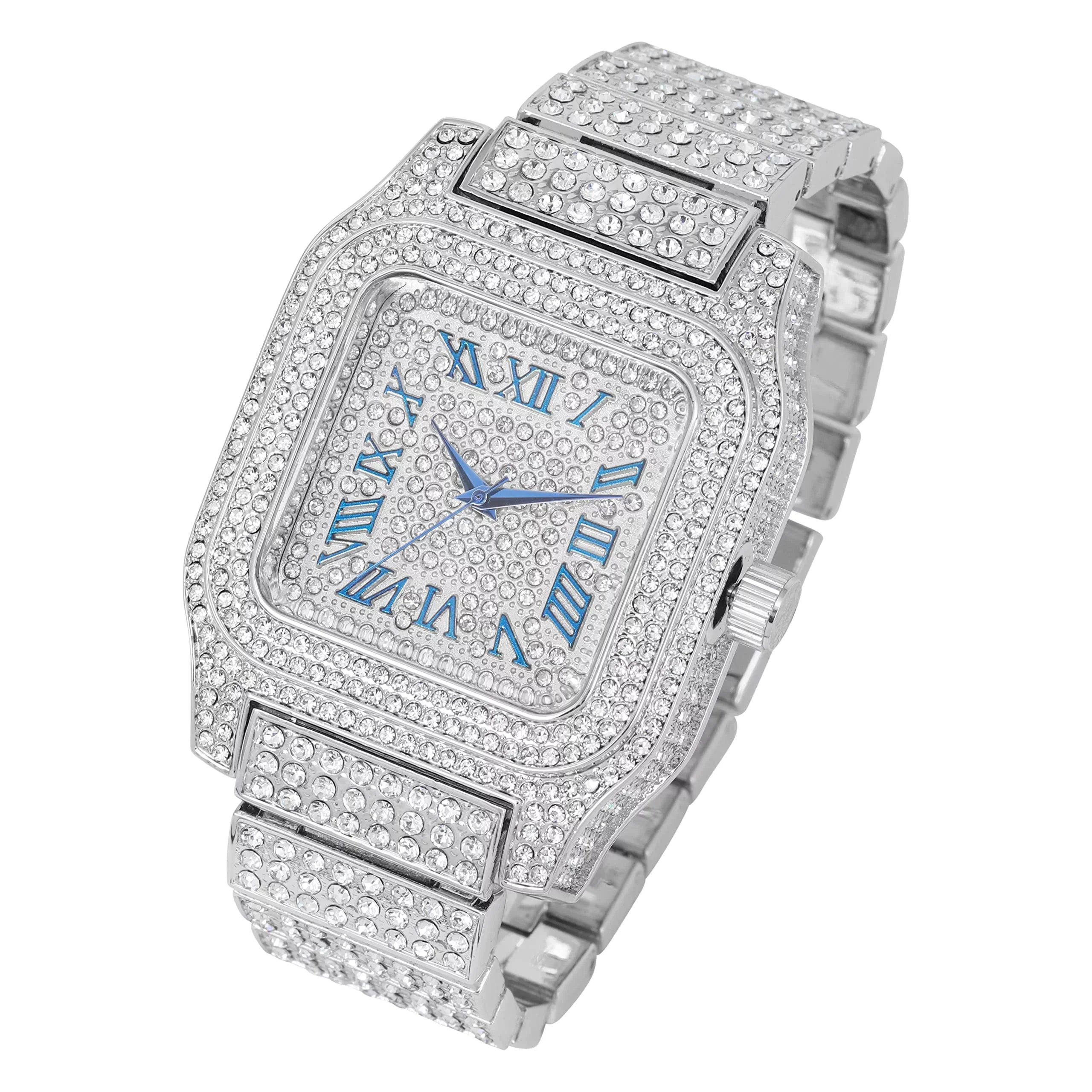 product image Bling-ed Out Biggie Square Iced Gold Hip Hop Watch You Will Hypnotize in a Flashy Way - 0513Sq (Silver Blue R# Cuban)