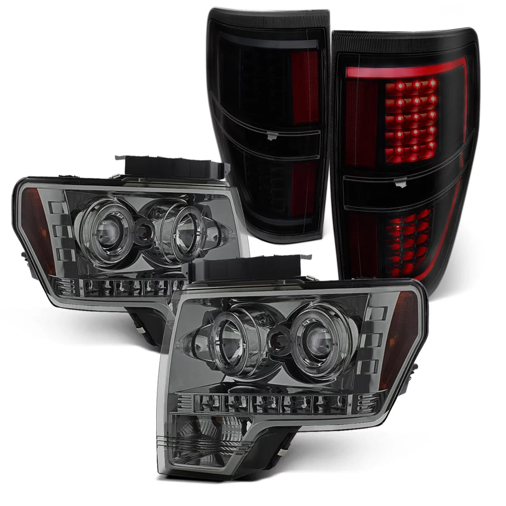 AKKON - Fits 2009-2014 Ford F-150 F150 Dual Halo Projector Smoke Headlights + Black Smoked [C-Light Bar] LED Tail Lamp Combo