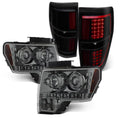 AKKON - Fits 2009-2014 Ford F-150 F150 Dual Halo Projector Smoke Headlights + Black Smoked [C-Light Bar] LED Tail Lamp Combo