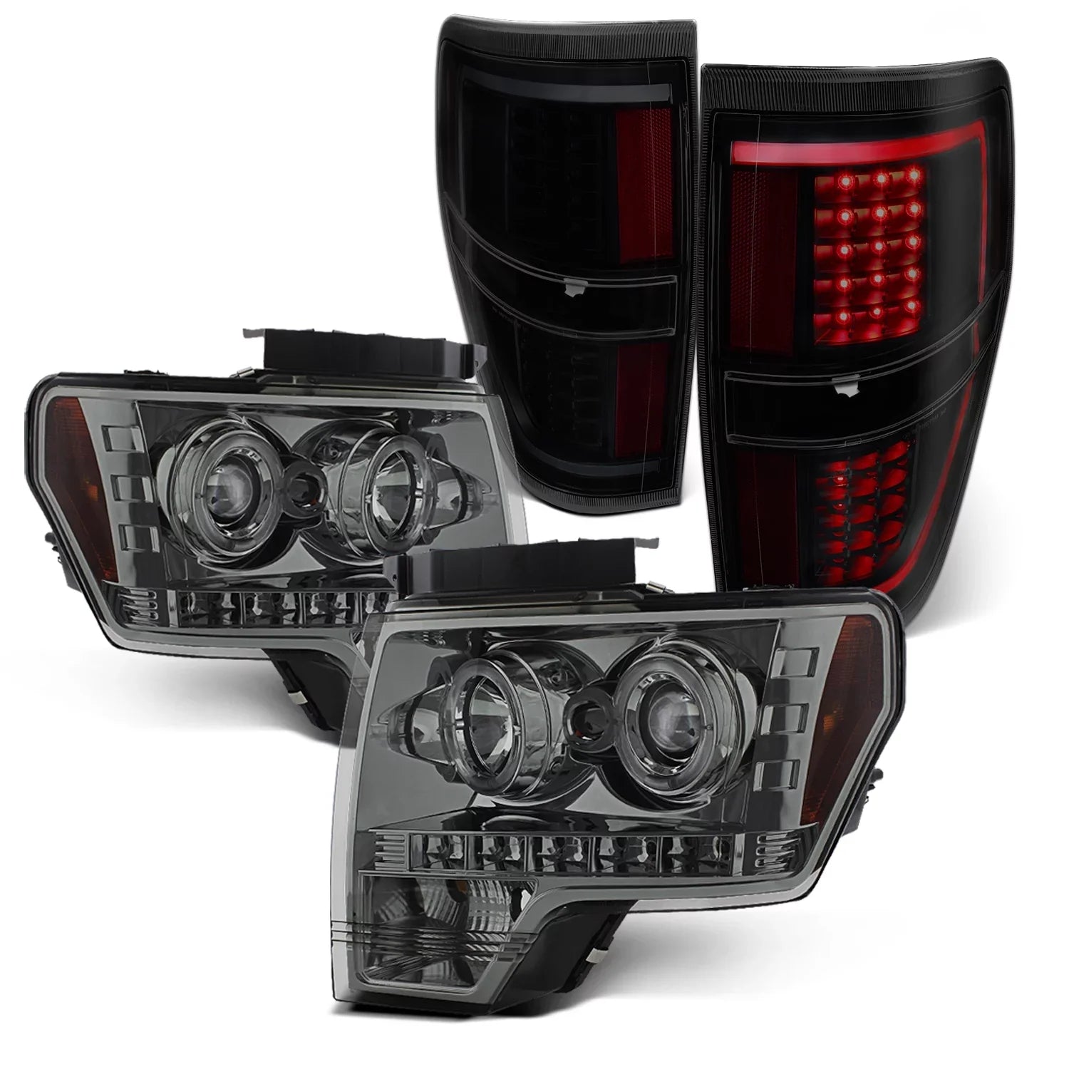 AKKON - Fits 2009-2014 Ford F-150 F150 Dual Halo Projector Smoke Headlights + Black Smoked [C-Light Bar] LED Tail Lamp Combo