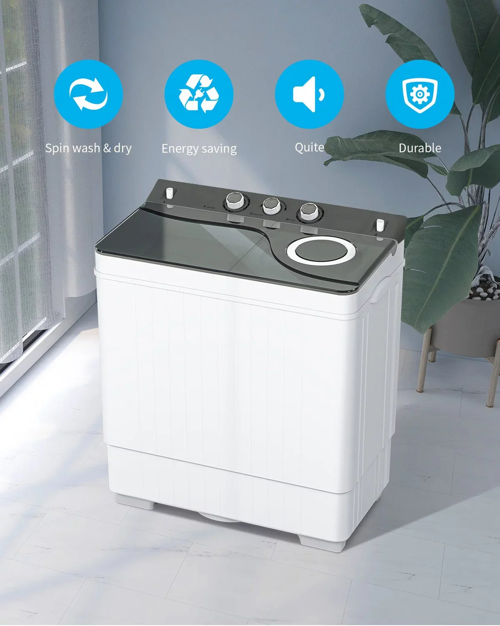 BMTBUY Twin Tub with Built-in Drain Pump XPB65-2288S 26Lbs Semi-automatic Twin Tube Washing Machine for Apartment, Dorms, RVs, Camping and More, White & Grey