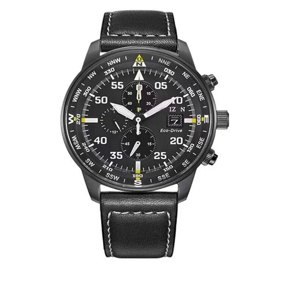 NEW Men's Classic Business Aviator Chronograph Black Dial Eco-Drive Watch