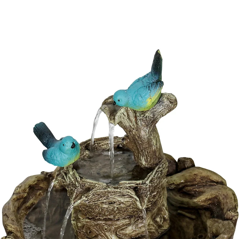 3-Tier Outdoor Water Fountain Bird Bath Patio Fountain Outdoor Stump Like Waterfall Fountain with Birds Decor Freestanding Patio Water Fountain Pump for Garden Yard Patio Porch