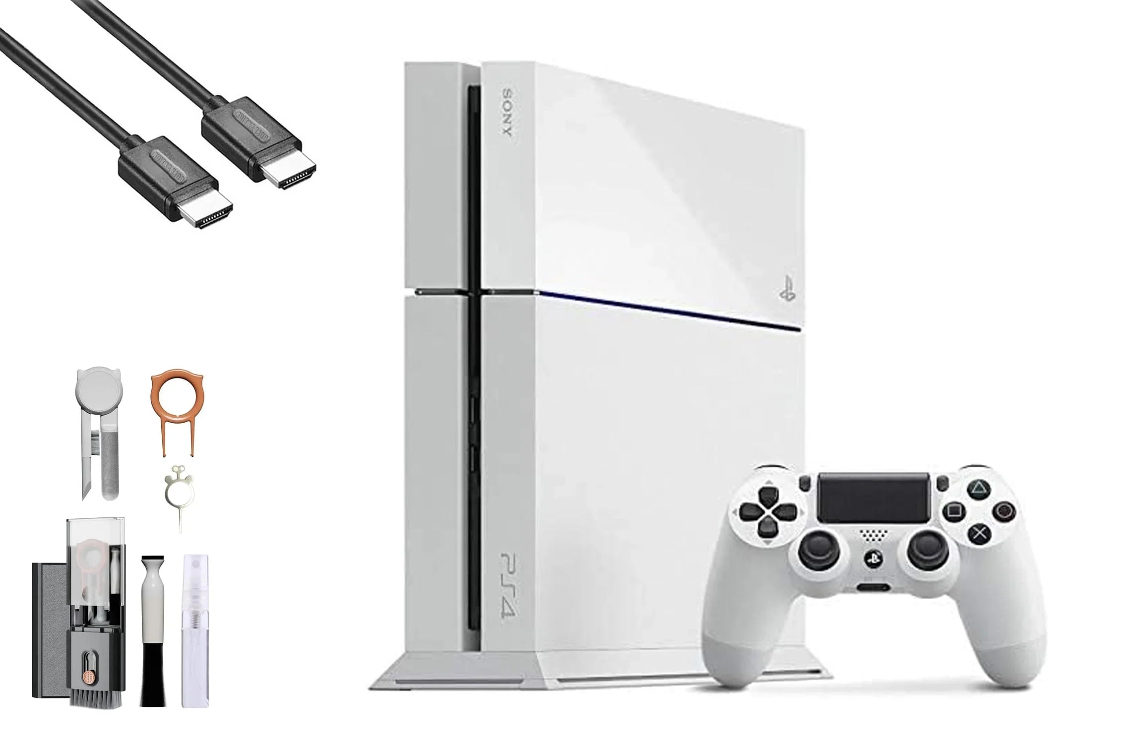 PlayStation 4 500GB Gaming Console White HDMI Cable with BOLT AXTION Cleaning Kit Bundle Like New