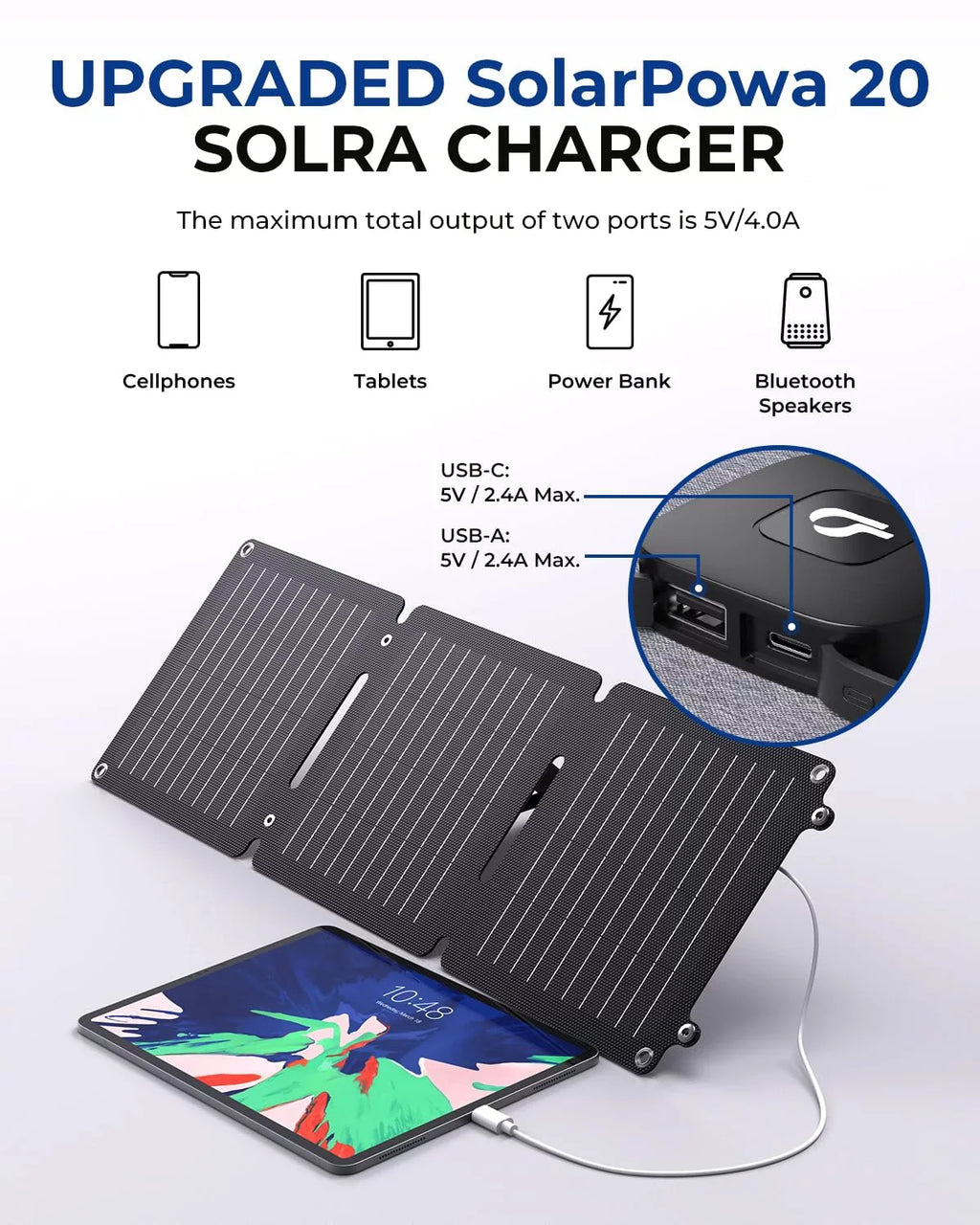 BigBlue 20W ETFE Solar Charger (5V/4A Max) with Kickstand, SolarPowa 20 Portable Solar Panel Charger with USB-A and USB-C, IP65 Waterproof, Compatible with iPhone, iPad, , LG etc.