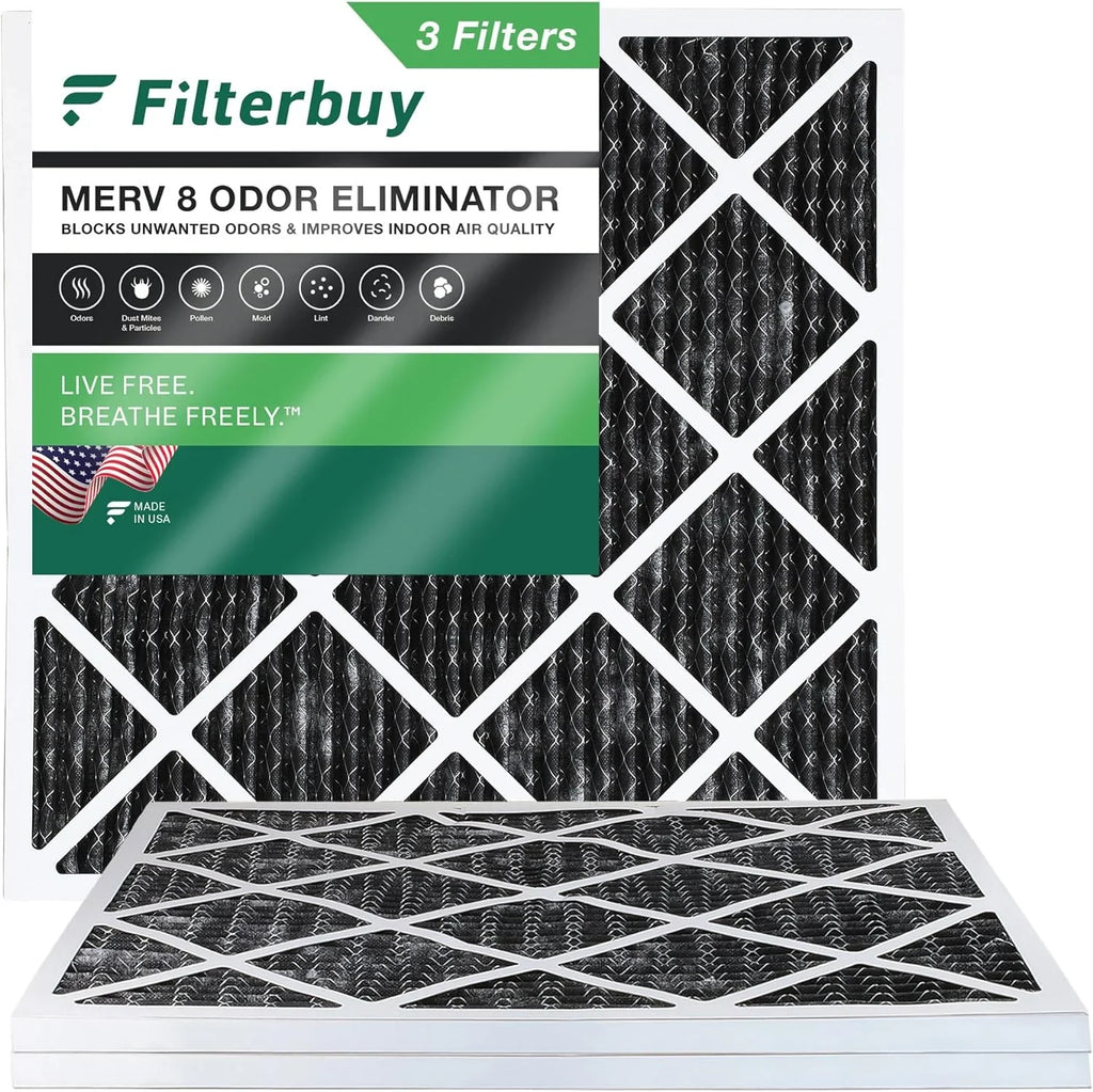 Filterbuy 10x10x1 MERV 8 Odor Eliminator Pleated HVAC AC Furnace Air Filters with Activated Carbon (3-Pack)